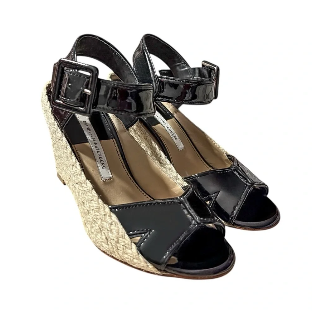 Diane von Furstenberg Sudan Patent Open Toe Espadrille Wedge Heels